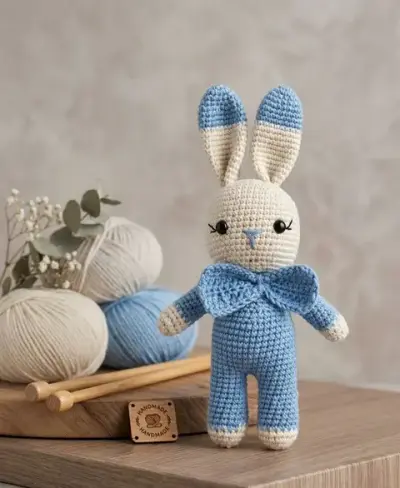 Amigurumi Örgü Tavşan Uyku Arkadaşı - Mavi Papyonlu Bebek Oyuncağı