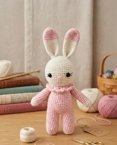 Amigurumi Örgü Tavşan Uyku Arkadaşı - Pembe Tulumlu Bebek Oyuncağı