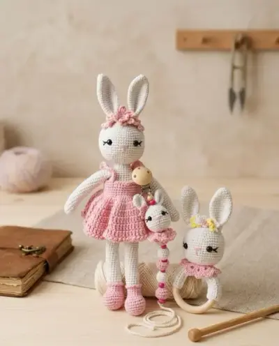 El Örgüsü Tavşan Figürlü Yeni Doğan Bebek Seti (3'lü)