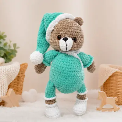 El Yapımı Amigurumi Uyku Ayıcığı – Mint Yeşili Kadife İpli Organik Örgü Oyuncak